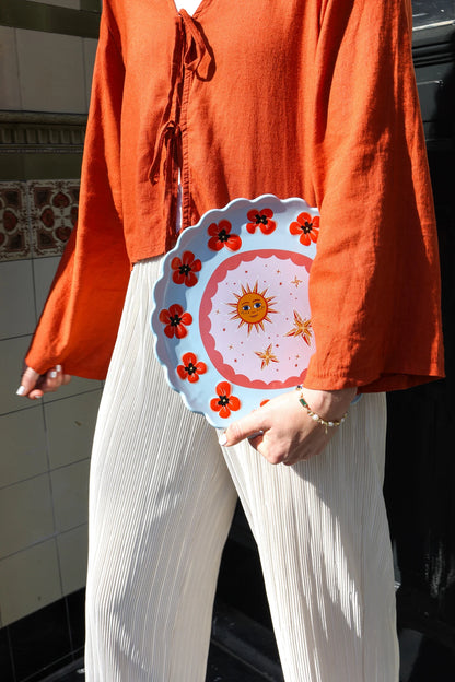 Grande assiette ronde bleue à coquelicots