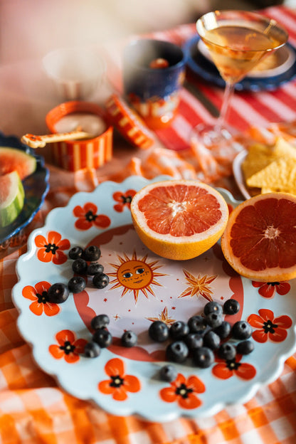 Grande assiette ronde bleue à coquelicots