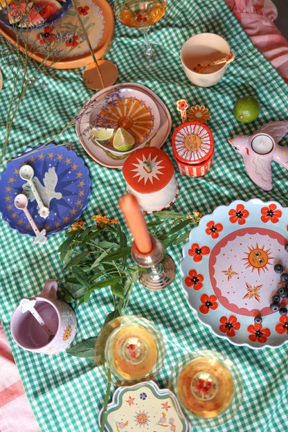 Grande assiette ronde bleue à coquelicots