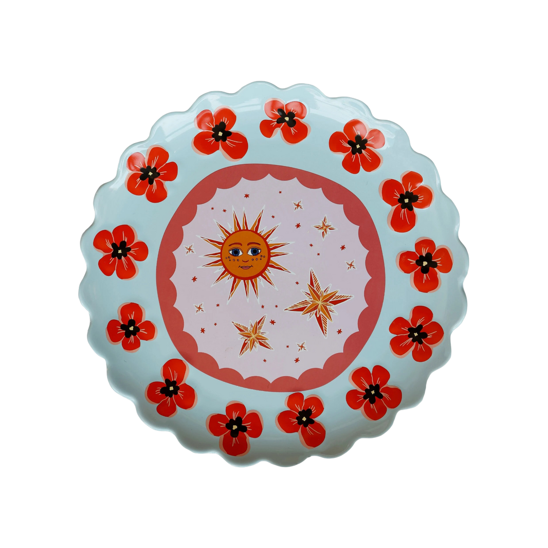 Grande assiette ronde bleue à coquelicots