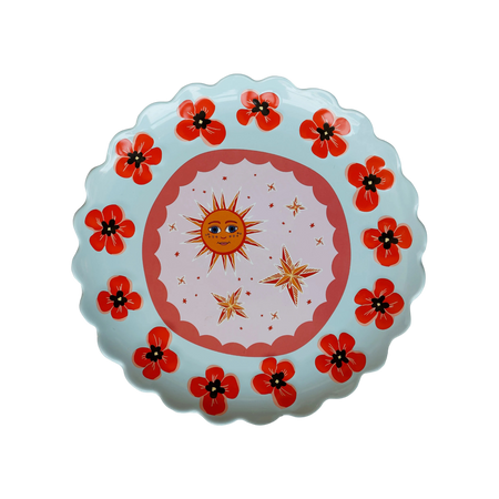 Grande assiette ronde bleue à coquelicots