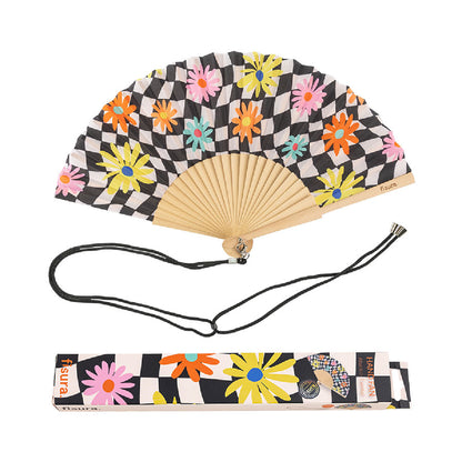 Eventail fleurs et damiers